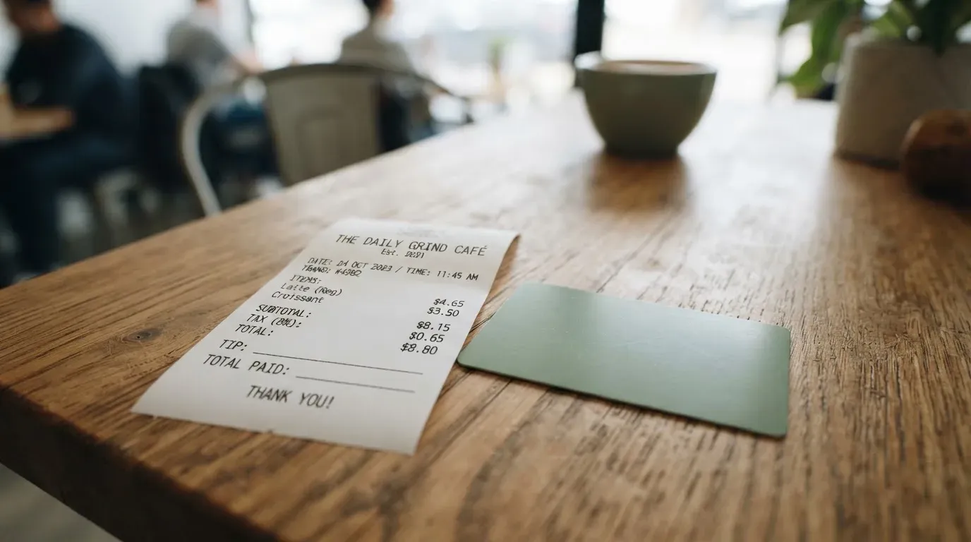 A receipt and a card on a café table