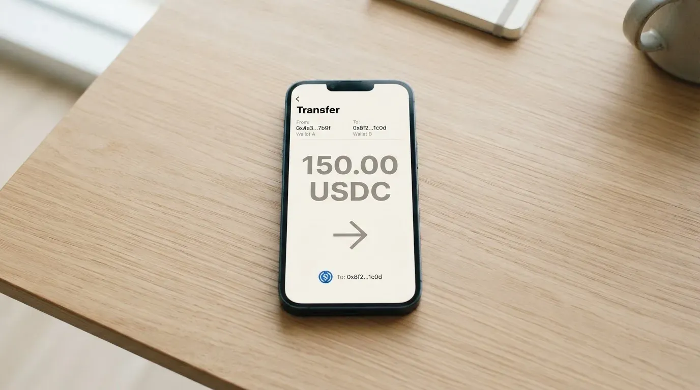 A phone showing a stablecoin transfer screen
