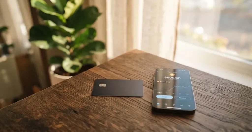 A payment card next to a phone with a crypto wallet app open