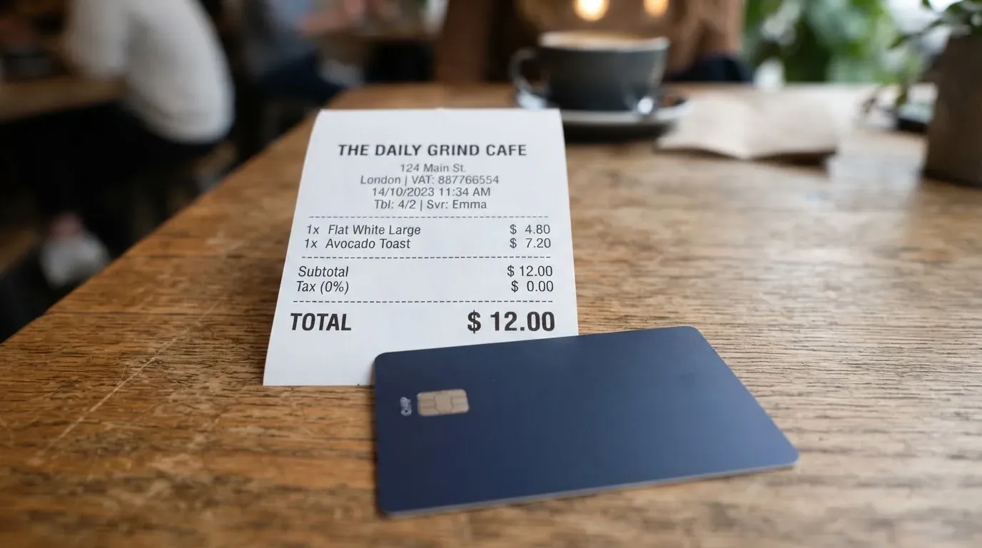 A receipt and a card on a café table
