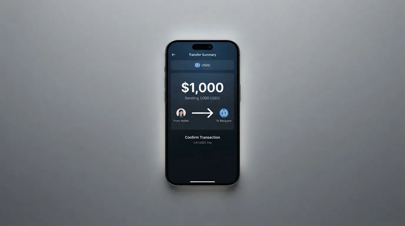 A phone showing a stablecoin transfer screen