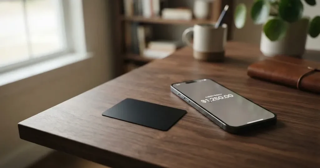 A payment card next to a phone with a crypto wallet app open