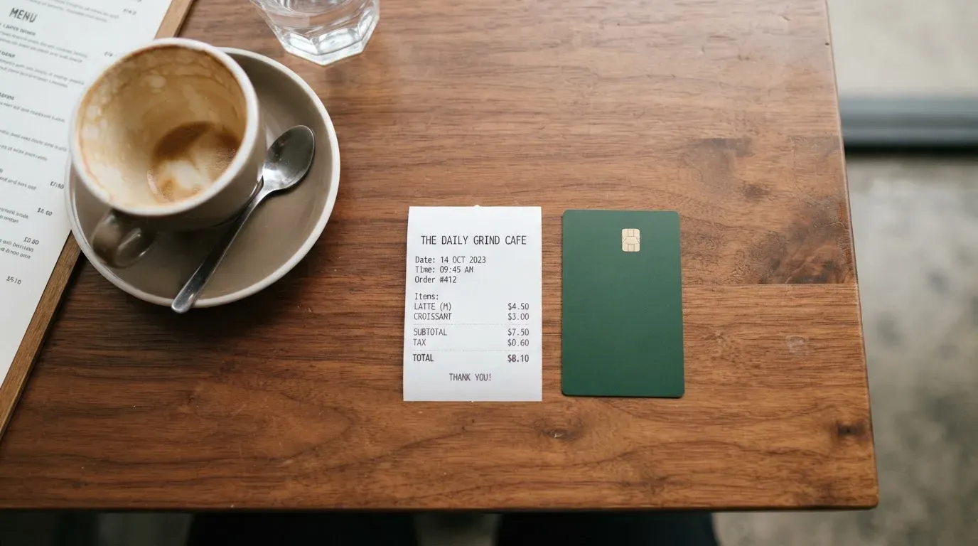 A receipt and a card on a café table