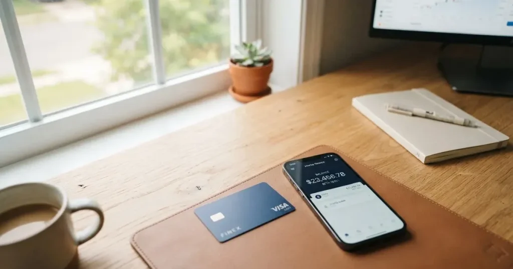 A payment card next to a phone with a crypto wallet app open