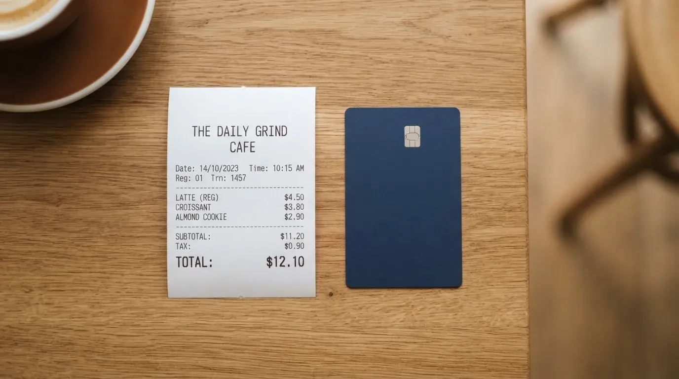 A receipt and a card on a café table
