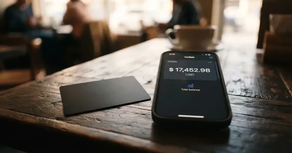 A payment card next to a phone with a crypto wallet app open