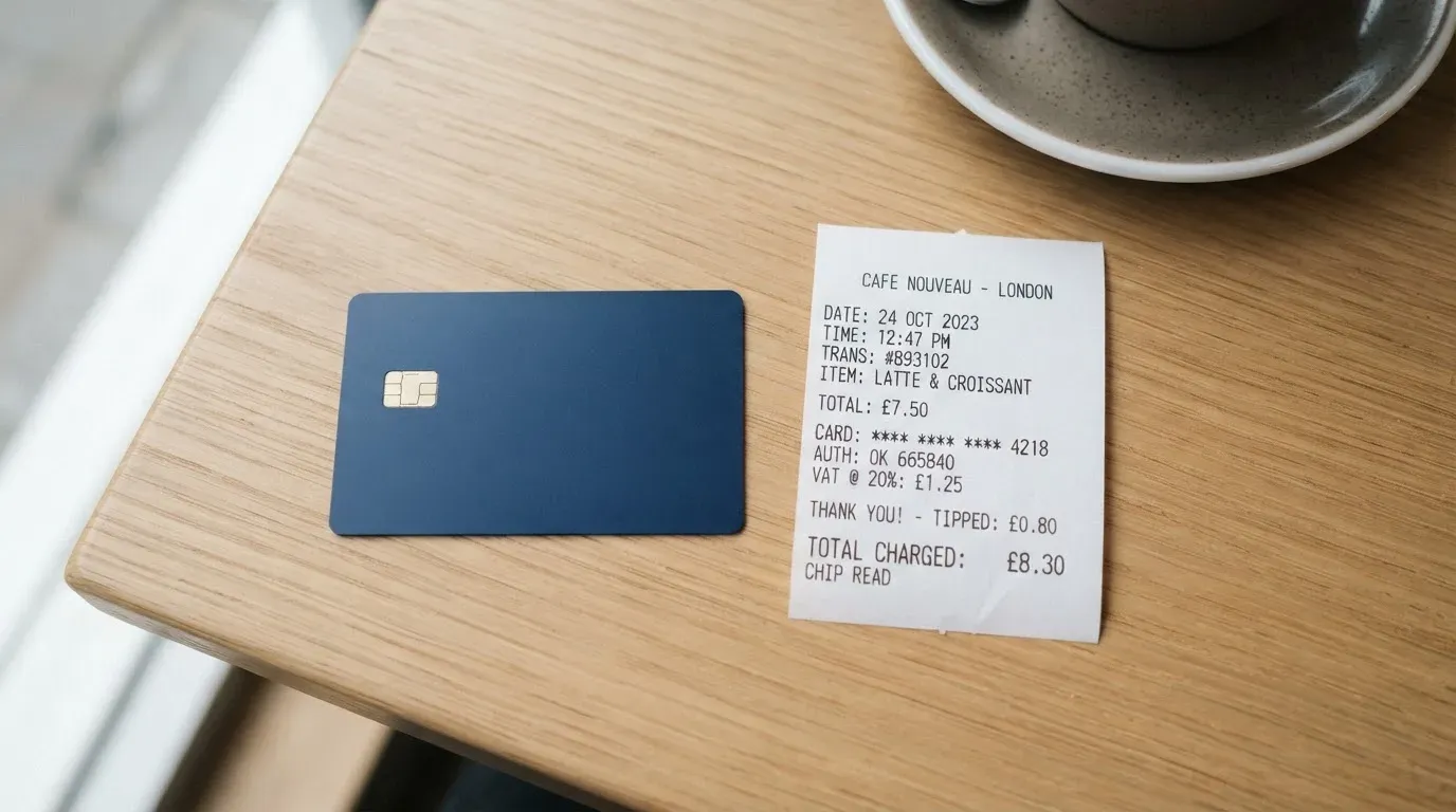A receipt and a card on a café table