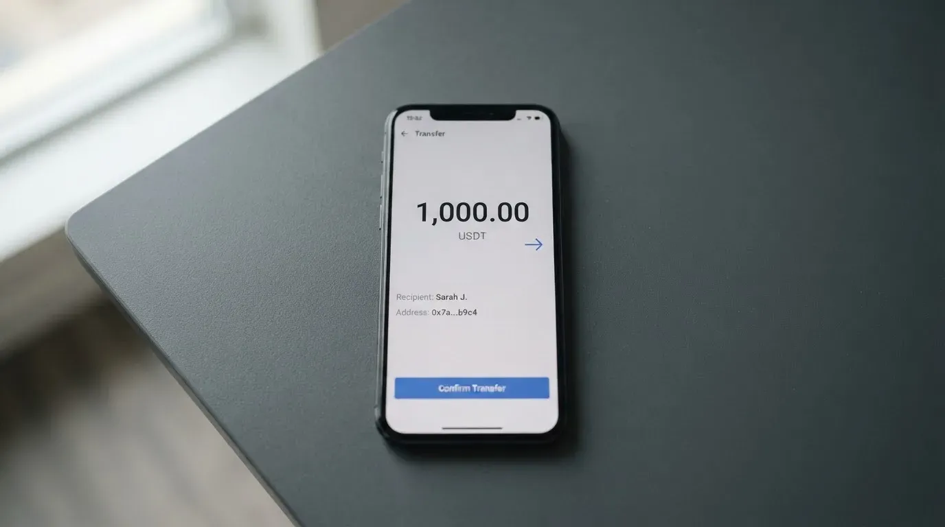 A phone showing a stablecoin transfer screen