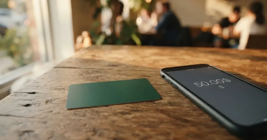 A payment card next to a phone with a crypto wallet app open