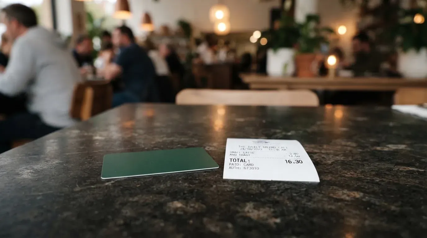 A receipt and a card on a café table