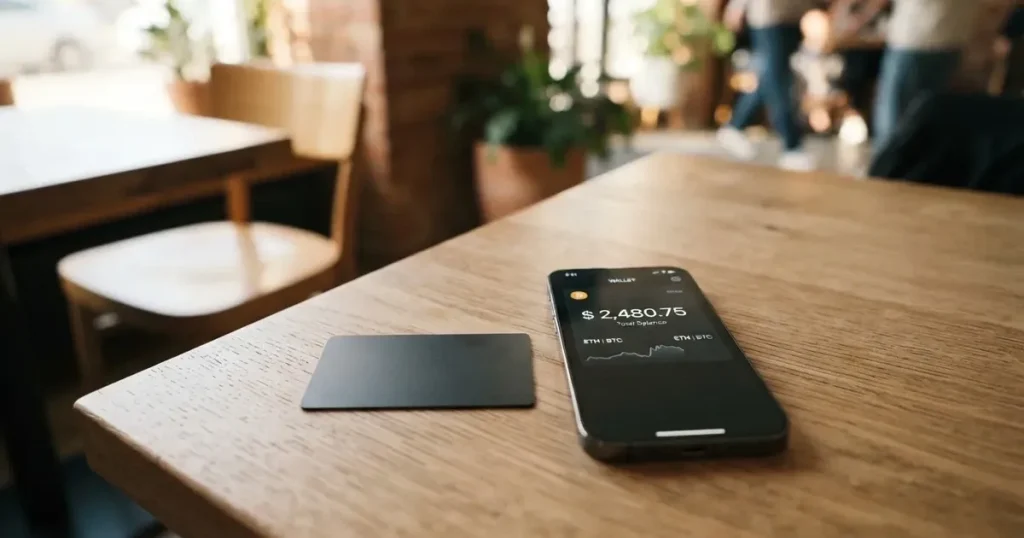 A payment card next to a phone with a crypto wallet app open
