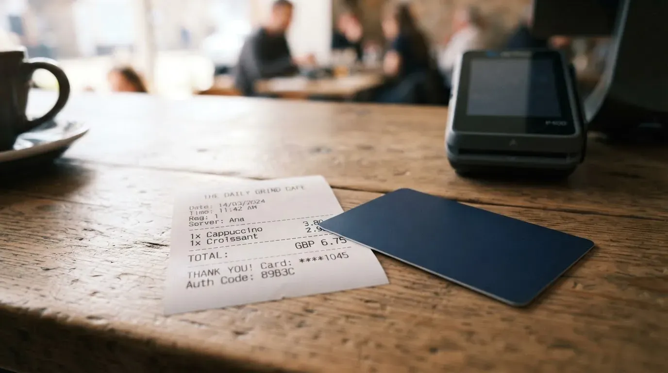 A receipt and a card on a café table