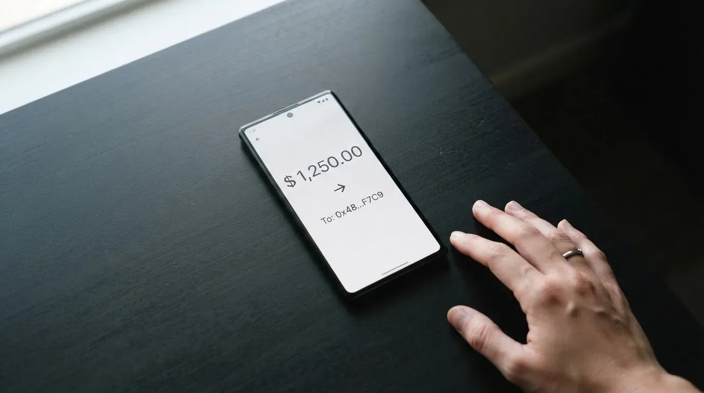 A phone showing a stablecoin transfer screen