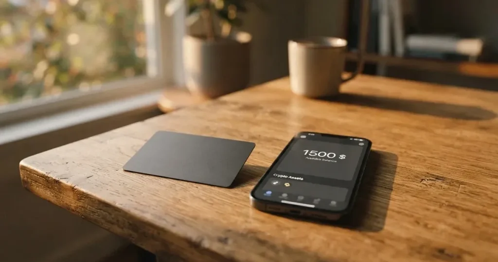 A payment card next to a phone with a crypto wallet app open