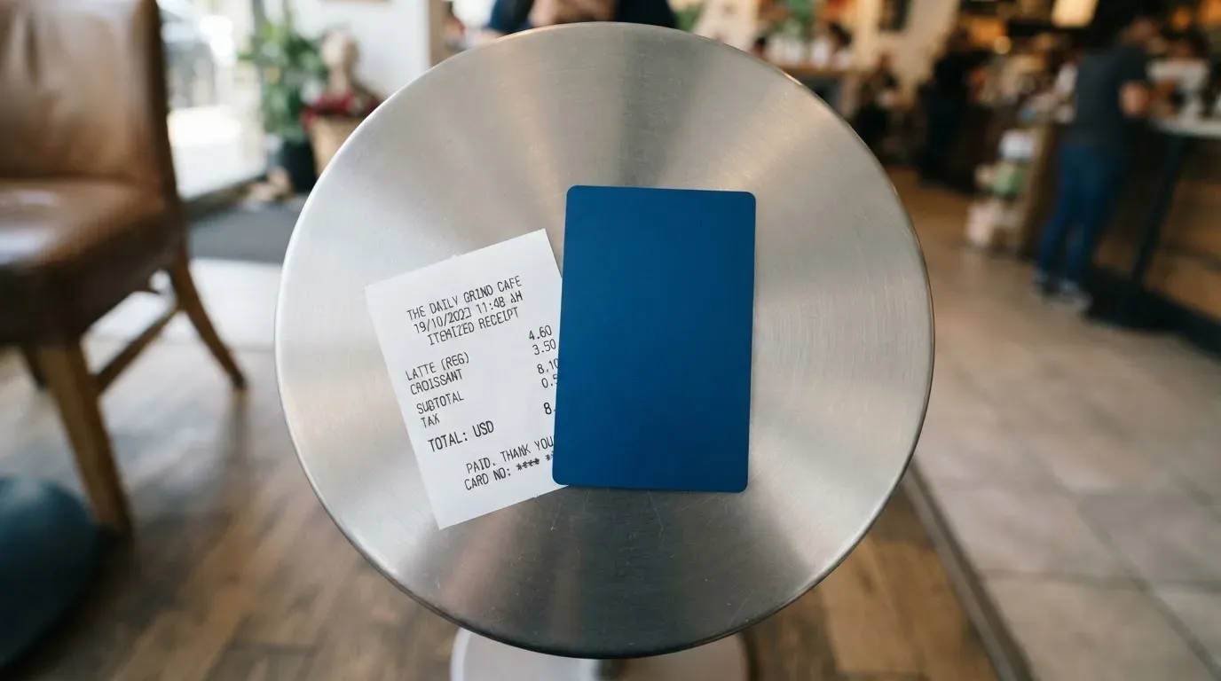 A receipt and a card on a café table