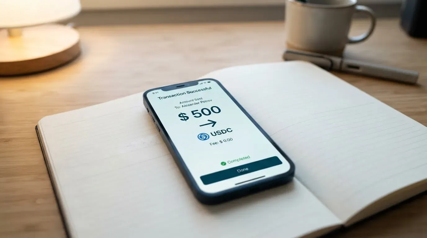 A phone showing a stablecoin transfer screen