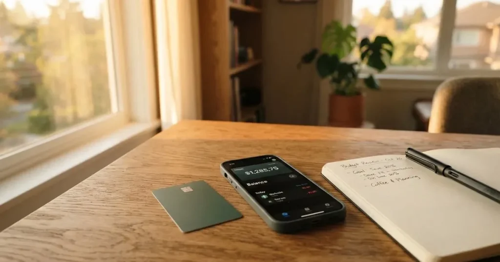A payment card next to a phone with a crypto wallet app open