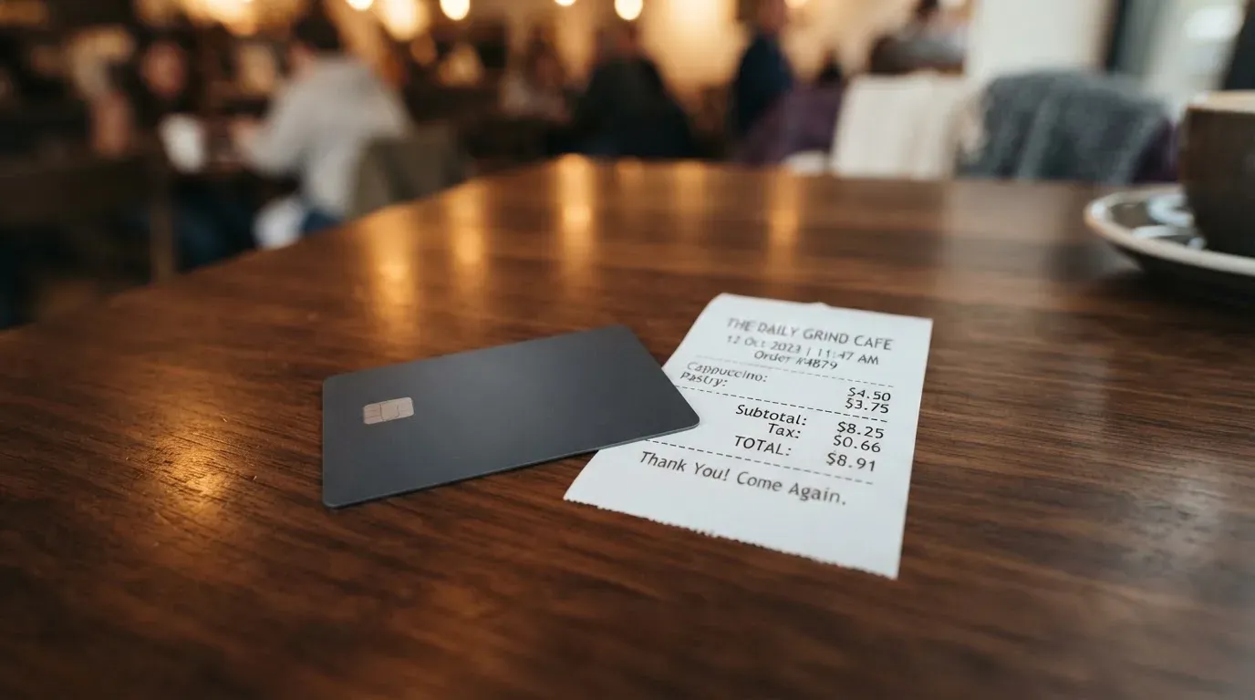 A receipt and a card on a café table