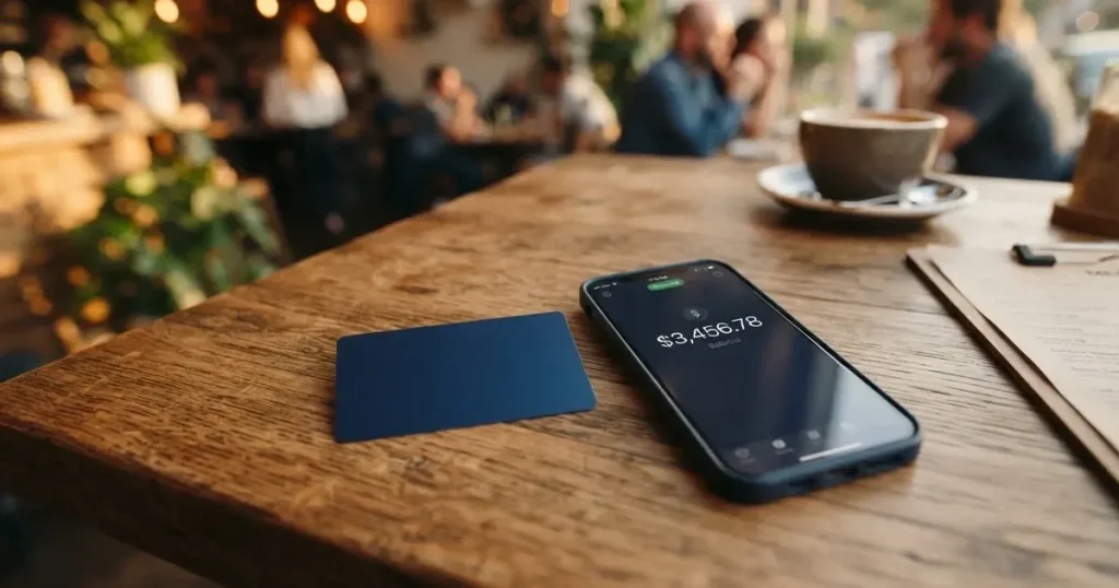A payment card next to a phone with a crypto wallet app open