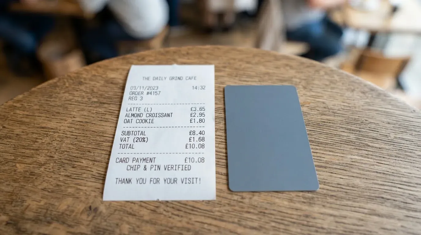 A receipt and a card on a café table
