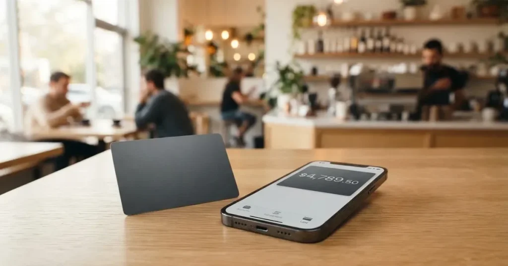 A payment card next to a phone with a crypto wallet app open