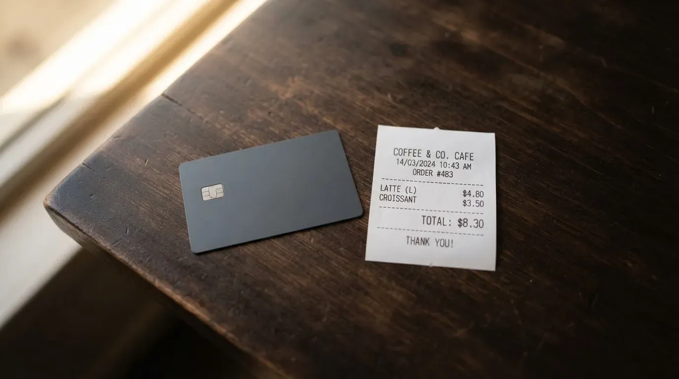 A receipt and a card on a café table
