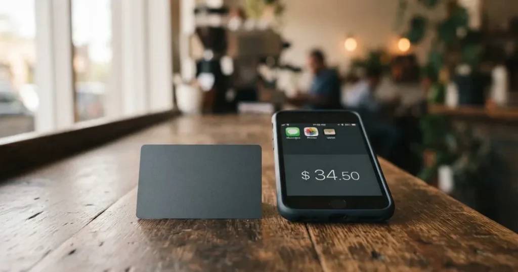 A payment card next to a phone with a crypto wallet app open