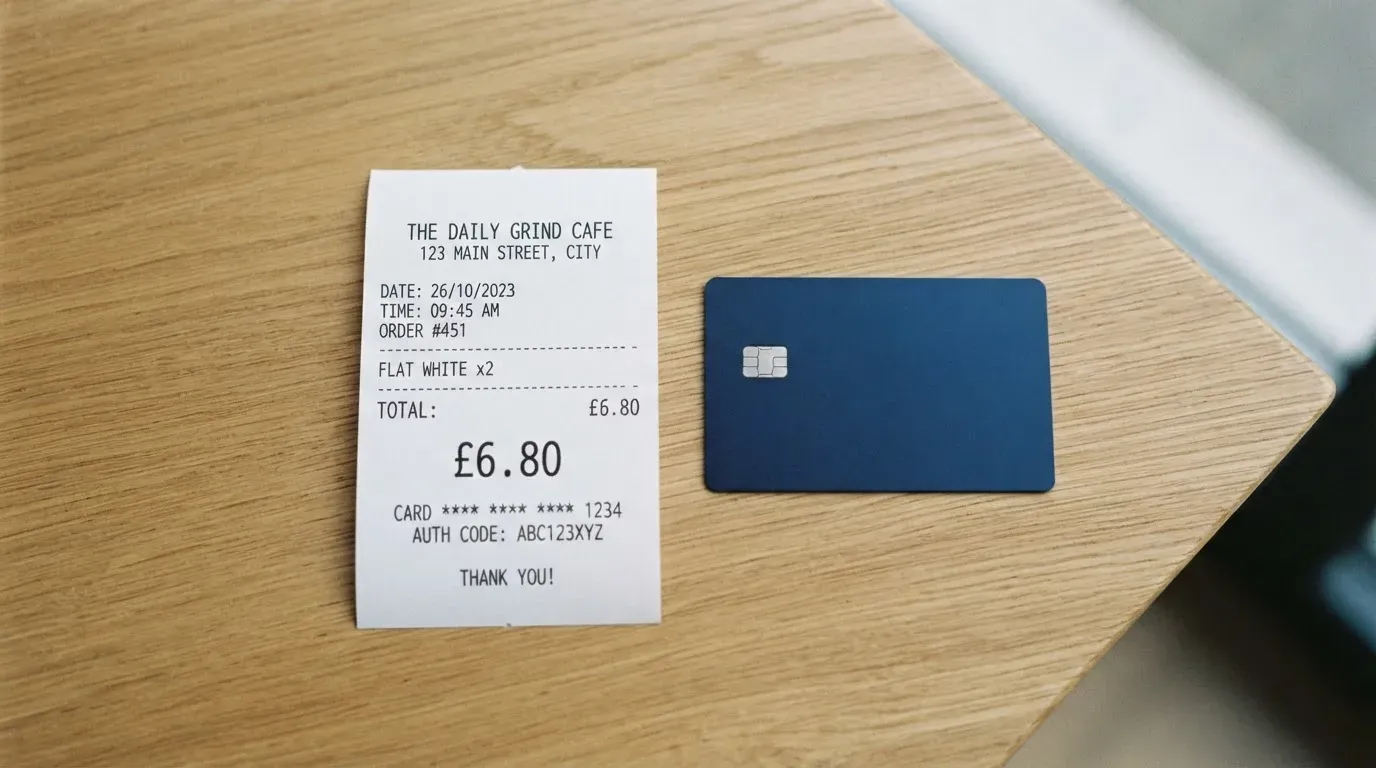 A receipt and a card on a café table
