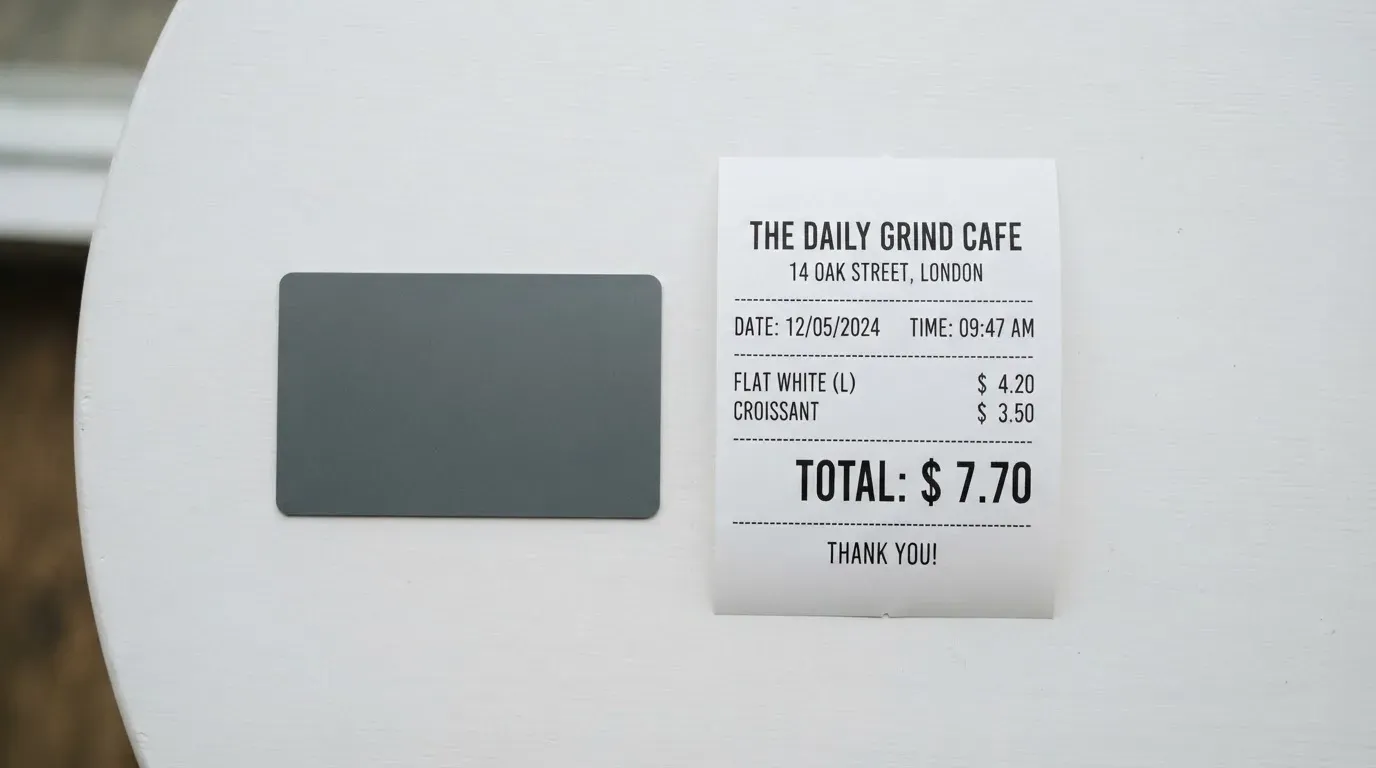 A receipt and a card on a café table