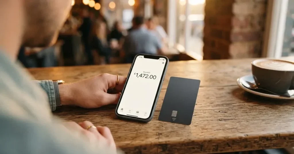 A payment card next to a phone with a crypto wallet app open