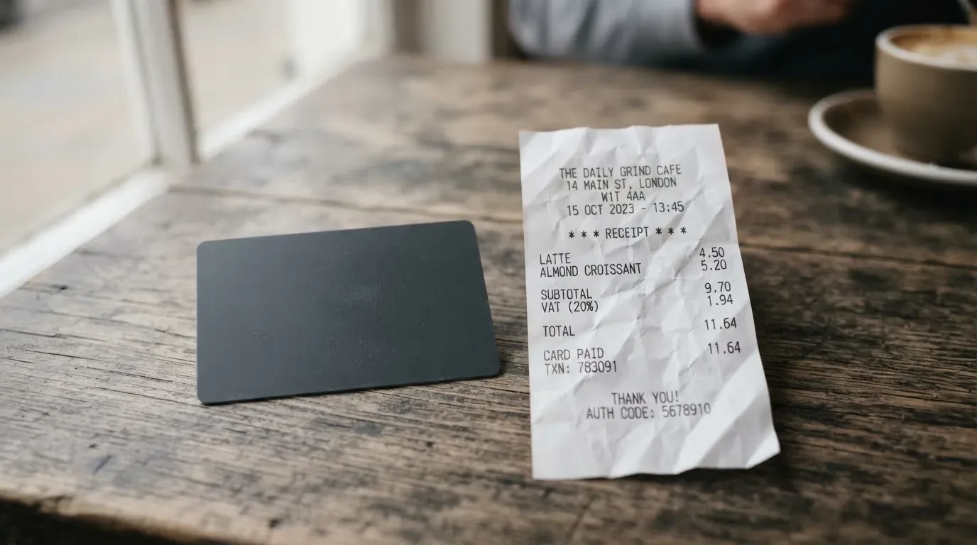 A receipt and a card on a café table