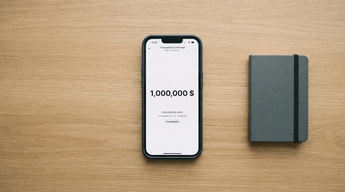 A phone showing a stablecoin transfer screen