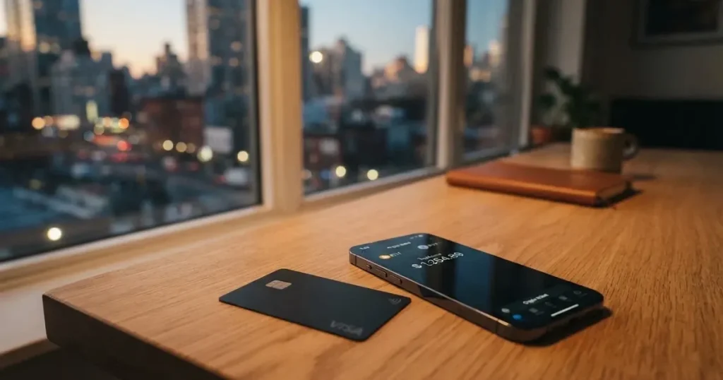 A payment card next to a phone with a crypto wallet app open