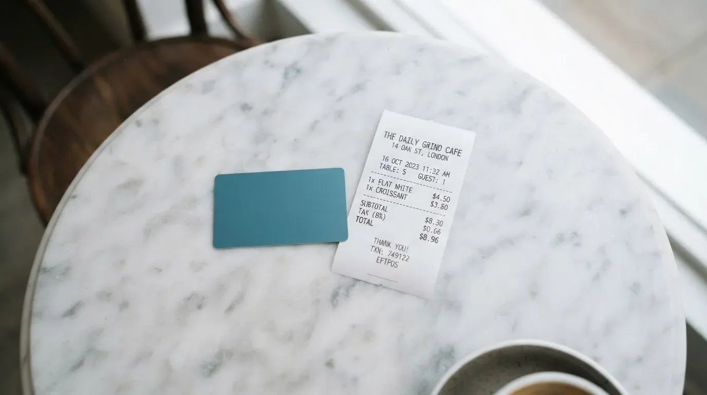 A receipt and a card on a café table