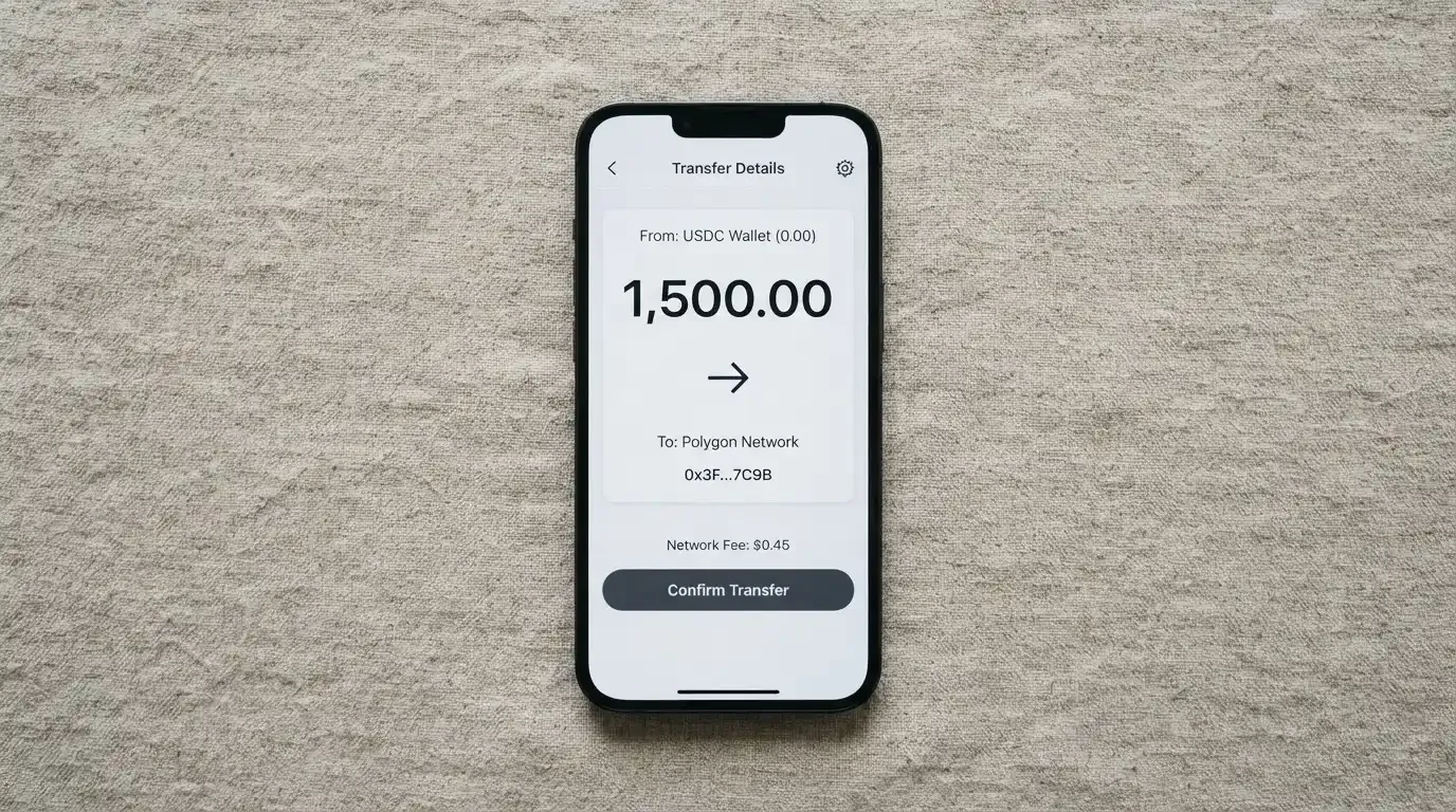 A phone showing a stablecoin transfer screen