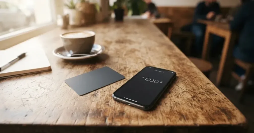 A payment card next to a phone with a crypto wallet app open