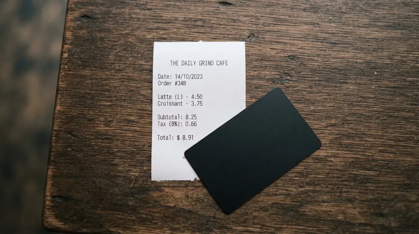 A receipt and a card on a café table