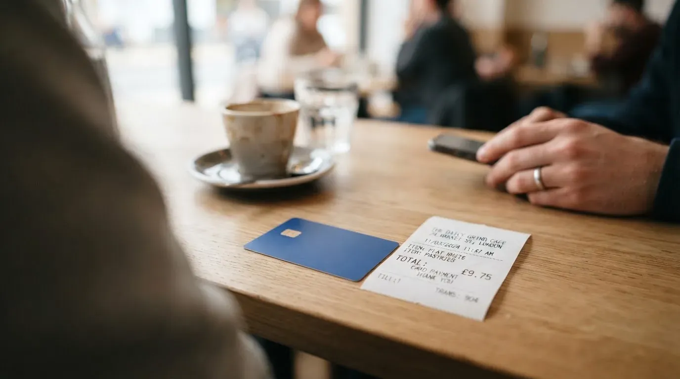 A receipt and a card on a café table
