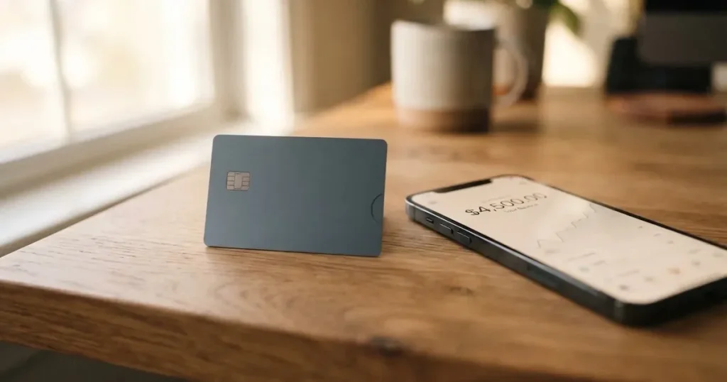 A payment card next to a phone with a crypto wallet app open