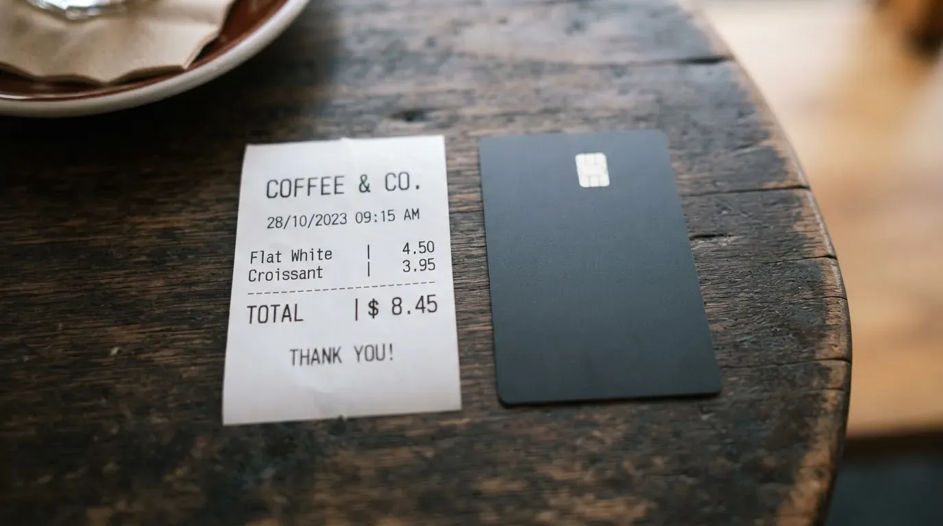 A receipt and a card on a café table