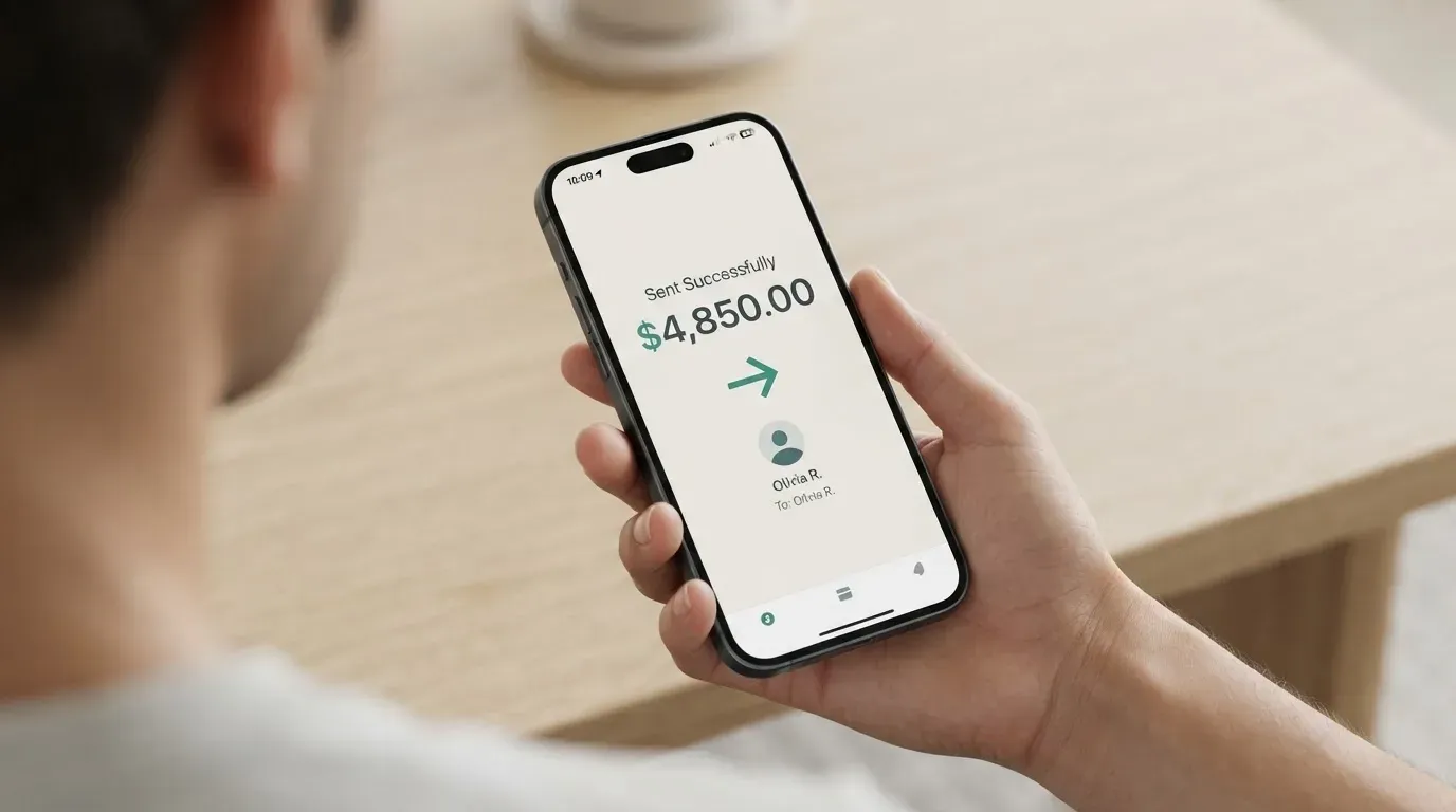 A phone showing a stablecoin transfer screen