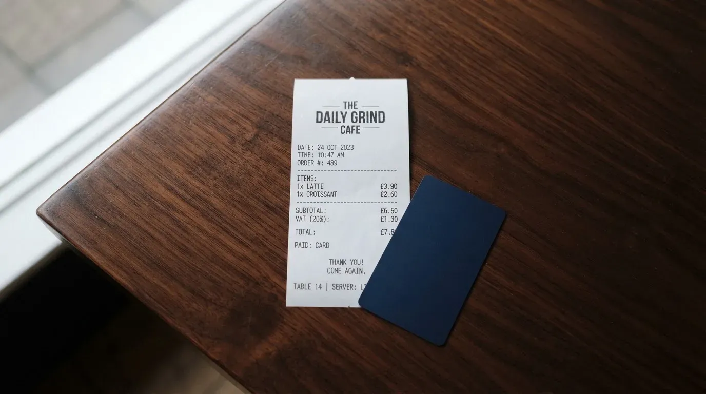A receipt and a card on a café table