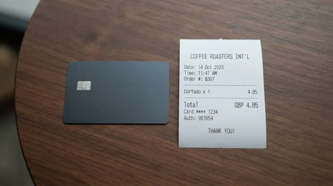 A receipt and a card on a café table