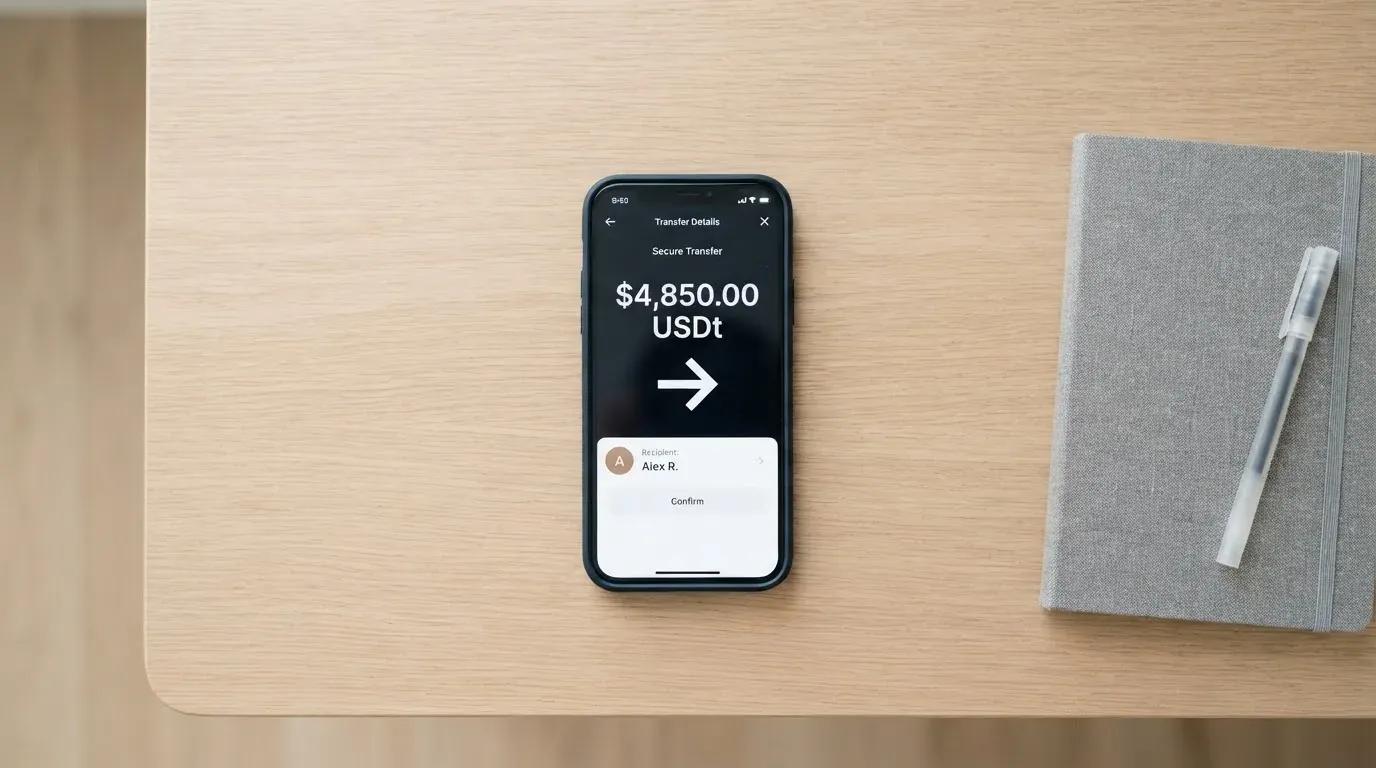 A phone showing a stablecoin transfer screen