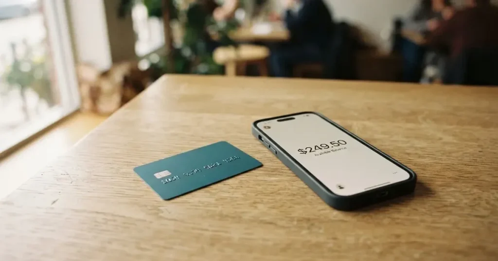 A payment card next to a phone with a crypto wallet app open