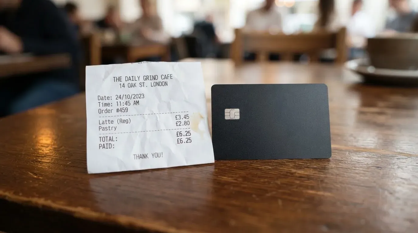 A receipt and a card on a café table