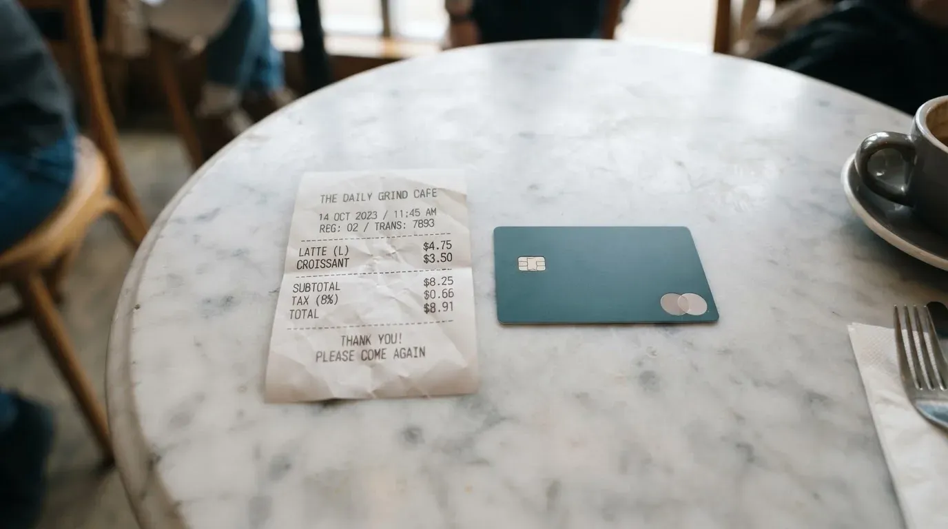 A receipt and a card on a café table