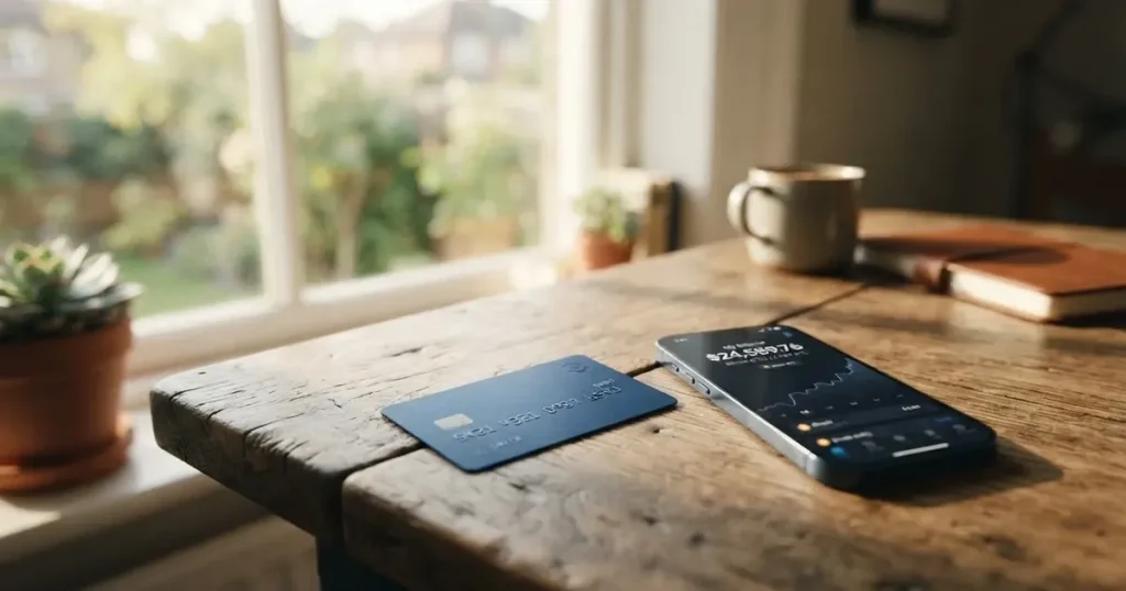 A payment card next to a phone with a crypto wallet app open