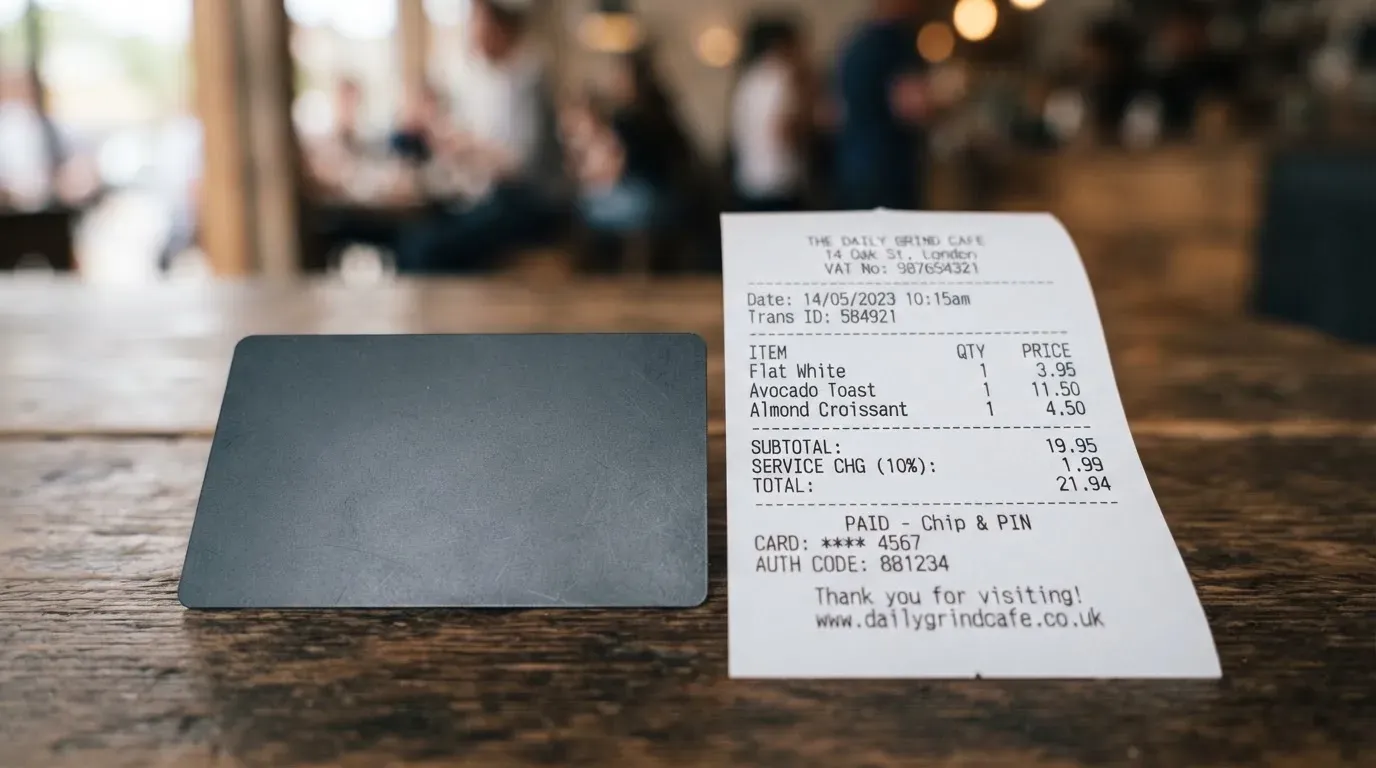 A receipt and a card on a café table