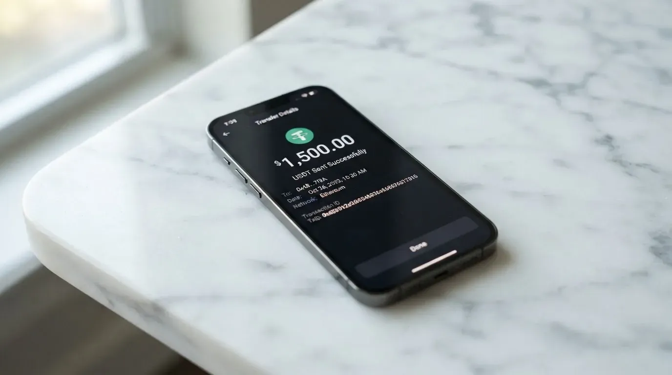 A phone showing a stablecoin transfer screen
